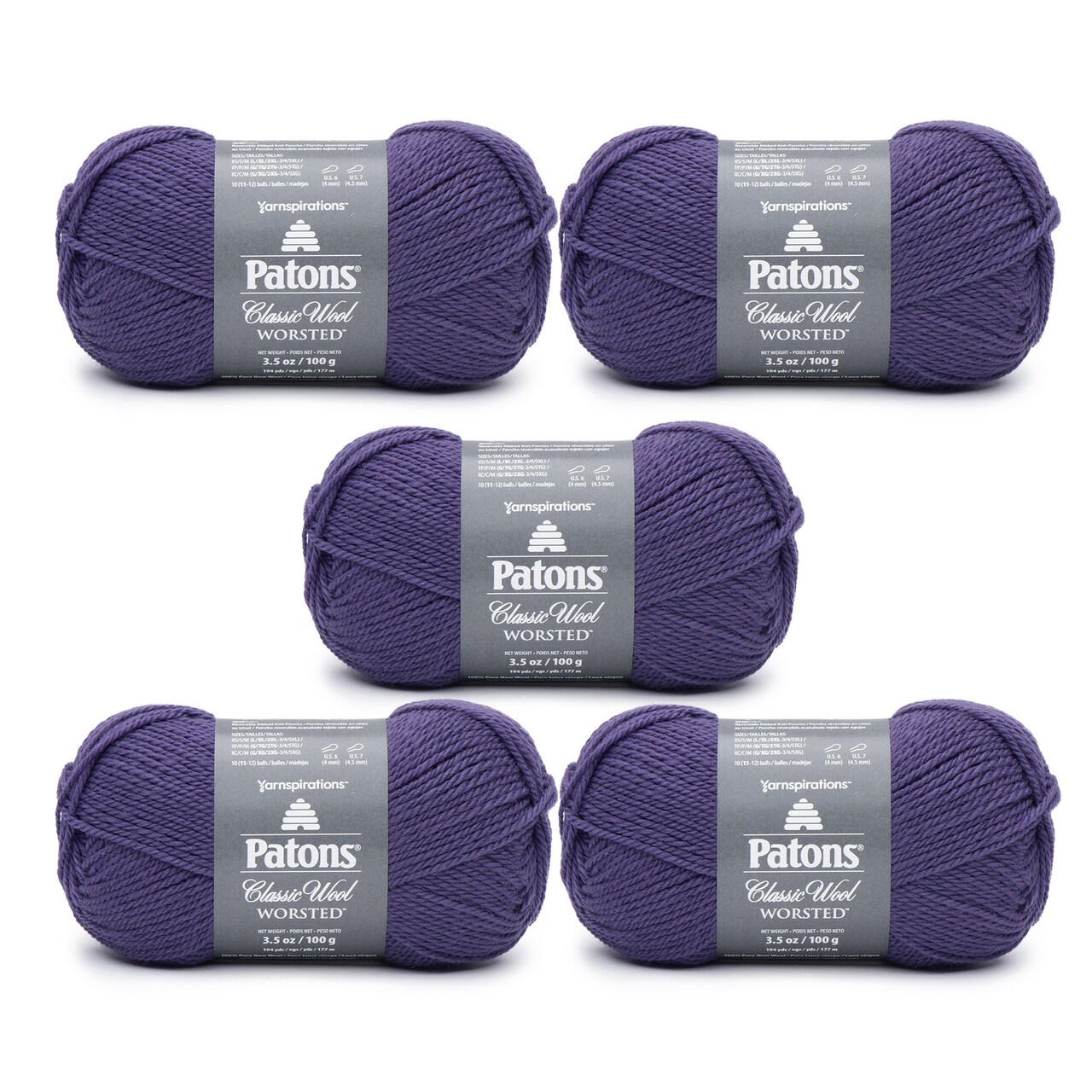 Patons Classic Wool Pansy Yarn - 5 Pack of 3.5oz/100g - Wool - 4 Medium - 210 Yards - Knitting/Crochet
